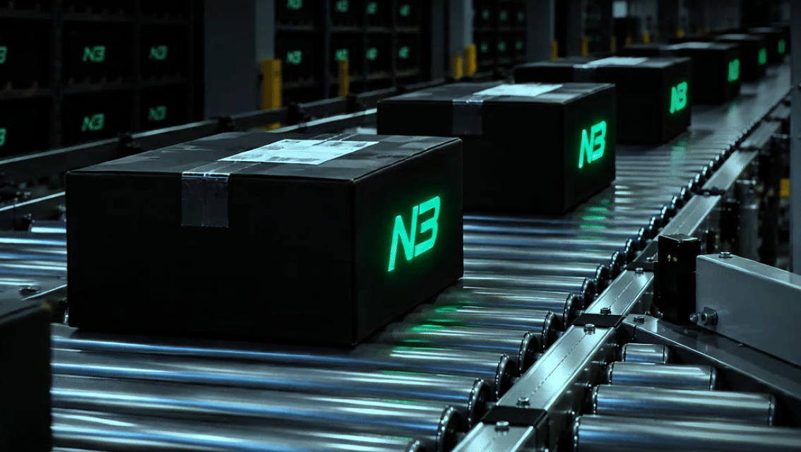 Black parcels moving through a logistics conveyor, marked with a glowing green NB logo
